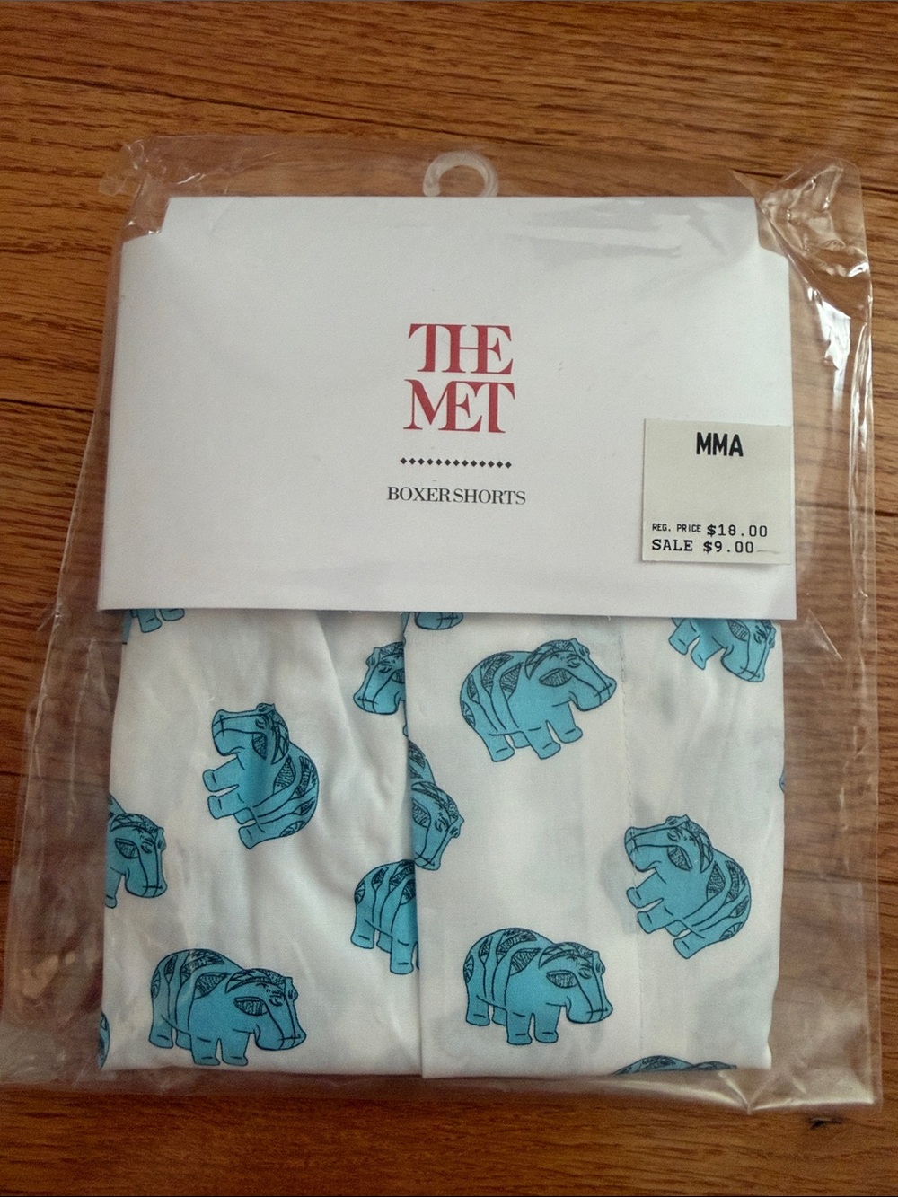 THE MET White Boxer Shorts with Blue Hippo Print